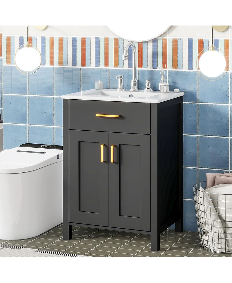 Sillysis 24" Bathroom Vanity with Ceramic Sink, Soft Close Doors, Flip-Top Drawer & Adjustable Shelf for Small Spaces