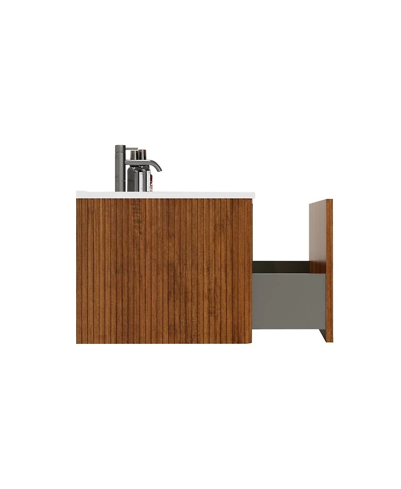 Sillysis 36" Walnut Floating Bathroom Vanity with Integrated Ceramic Sink & Push Open Drawer, Wall Mounted for Modern Bathroom