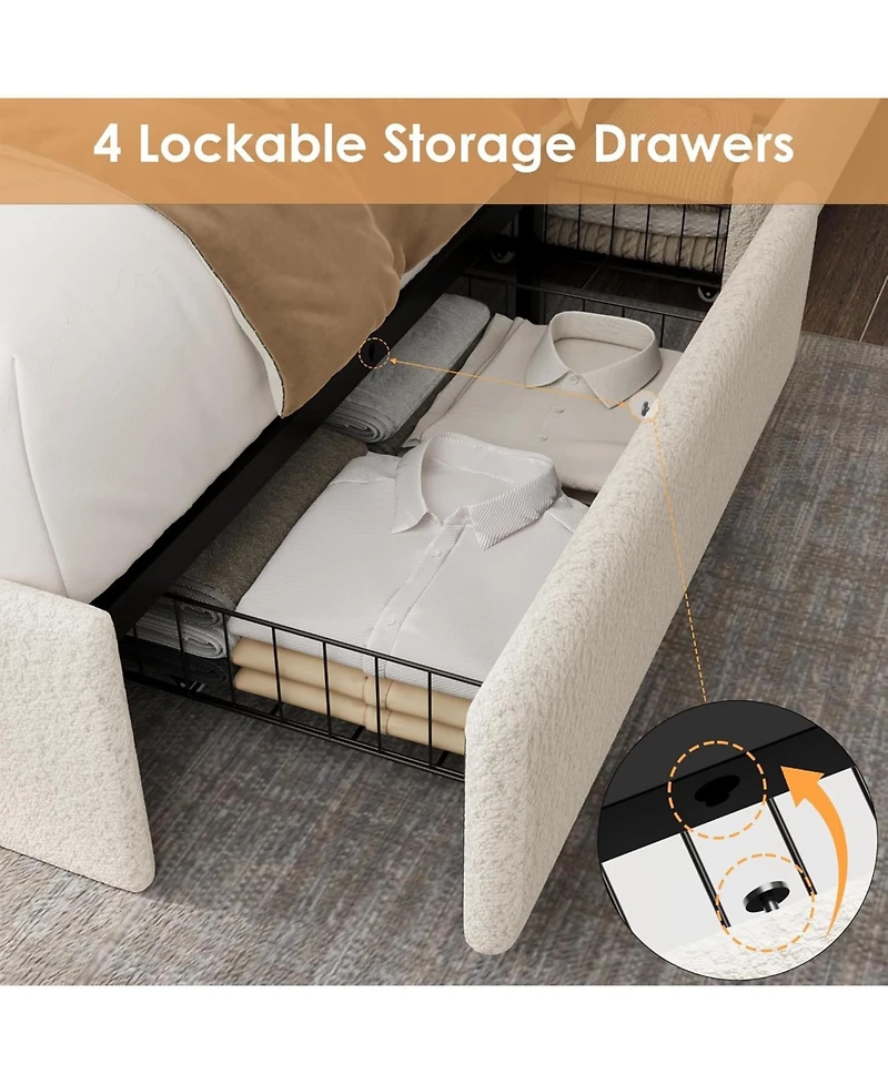 gaomon Boucle Bed Frame with Storage Headboard, Upholstered Full Charging Station, Led Lights, 4 Drawers