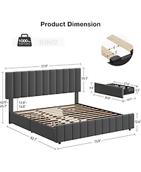 gaomon Linen Upholstered Bed Frame with 4 Storage Drawers, Adjustable Headboard, Sturdy Wooden Slats, No Box Spring Required