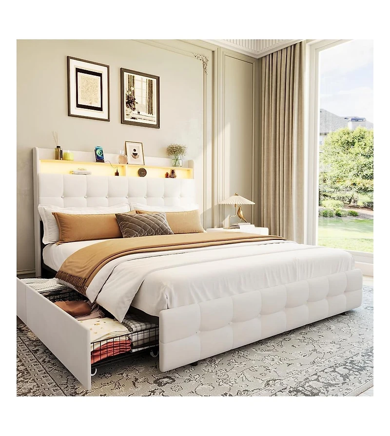 gaomon Bed Frame with Headboard and 2 Storage Drawers, Upholstered Bed Frame with Led Light