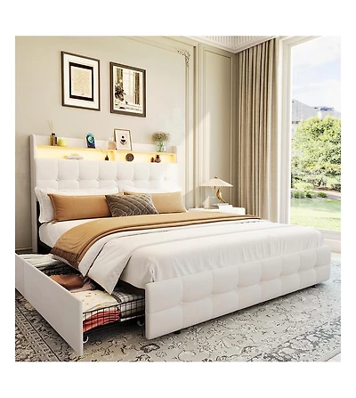 gaomon Bed Frame with Headboard and 2 Storage Drawers, Upholstered Bed Frame with Led Light