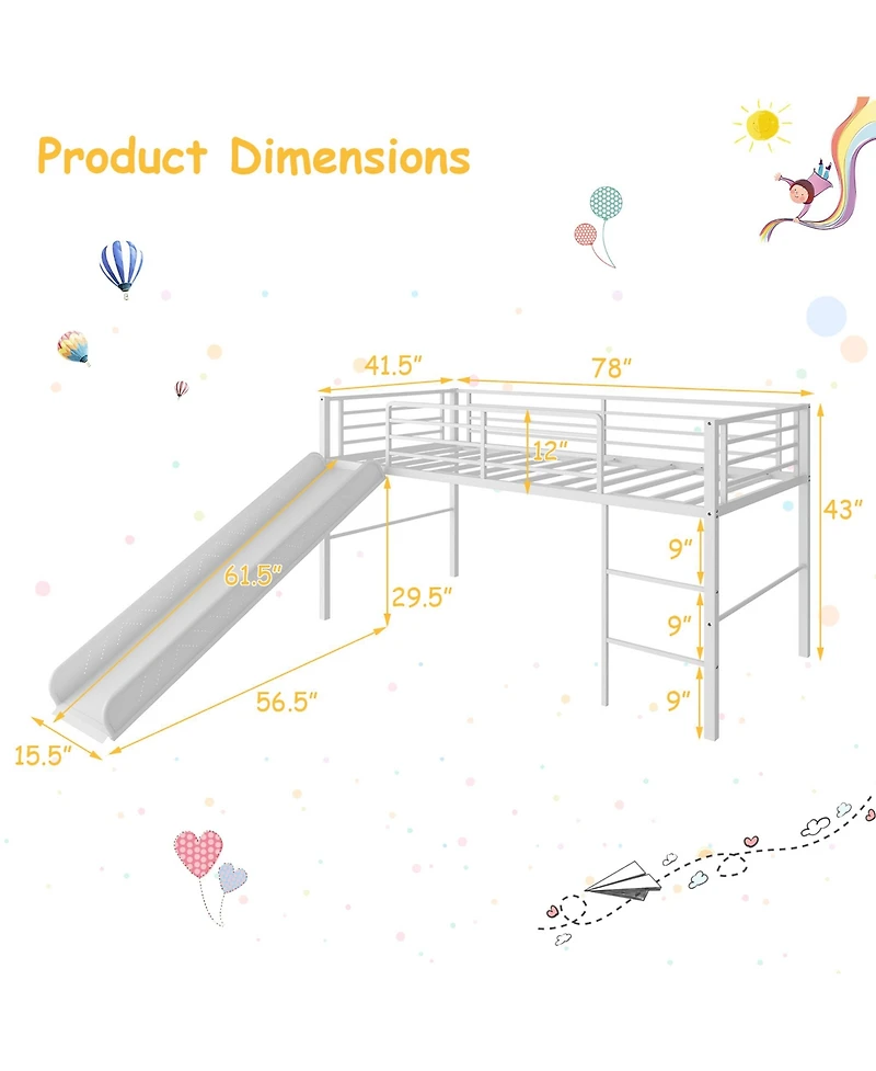 Gymax Twin Metal Loft Bed with Slide Guardrails Built-in Ladder Low Bed Frame Silver