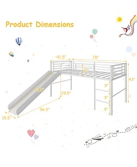 Gymax Twin Metal Loft Bed with Slide Guardrails Built-in Ladder Low Bed Frame Silver