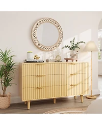 Rainsken 6 Drawer Dresser for Bedroom, Fluted Wooden Chest of Drawers with Metal Handle for Living Room, Hallway and Entrance