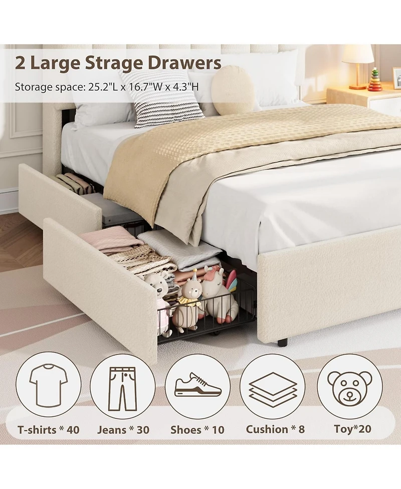 gaomon Boucle Upholstered Platform Bed Wavy Headboard Storage Bookcase 2 Drawers No Box Spring