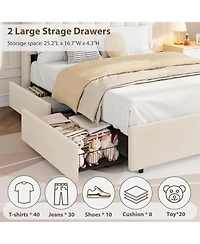 gaomon Boucle Upholstered Platform Bed Wavy Headboard Storage Bookcase 2 Drawers No Box Spring
