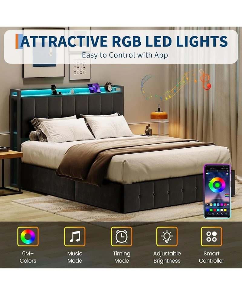 gaomon Full Bed Frame Lift-Up Storage Led Lights Upholstered Velvet Charging Headboard Metal Frame No Box Spring