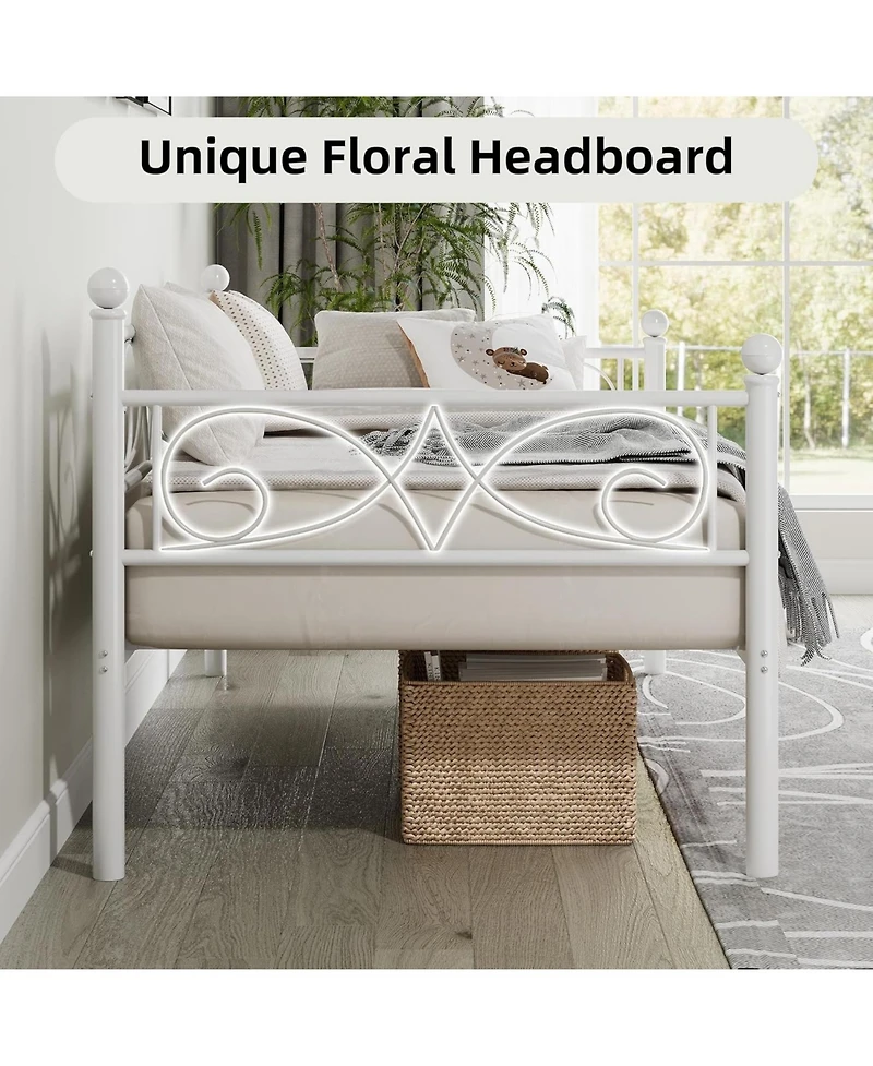 gaomon Twin Metal Daybed Frame with Floral Headboard, Steel Slats, Space-Saving