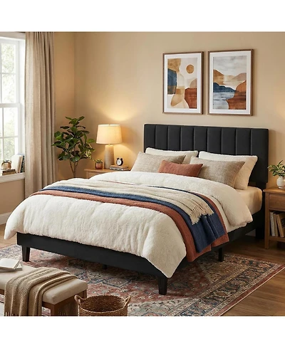 gaomon Bed Frame Full Size with Adjustable Height Vertical Channel Tufted Headboard, Upholstered Platform Bed Frame with Sturdy Wooden Slats Support