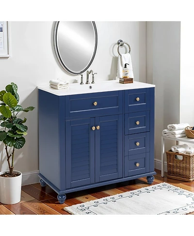 Sillysis 36" Bathroom Vanity with Ceramic Sink, Solid Wood Frame, Flip-Top and Drawer Storage, Adjustable Shelves