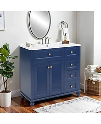 Sillysis 36" Bathroom Vanity with Ceramic Sink, Solid Wood Frame, Flip-Top and Drawer Storage, Adjustable Shelves