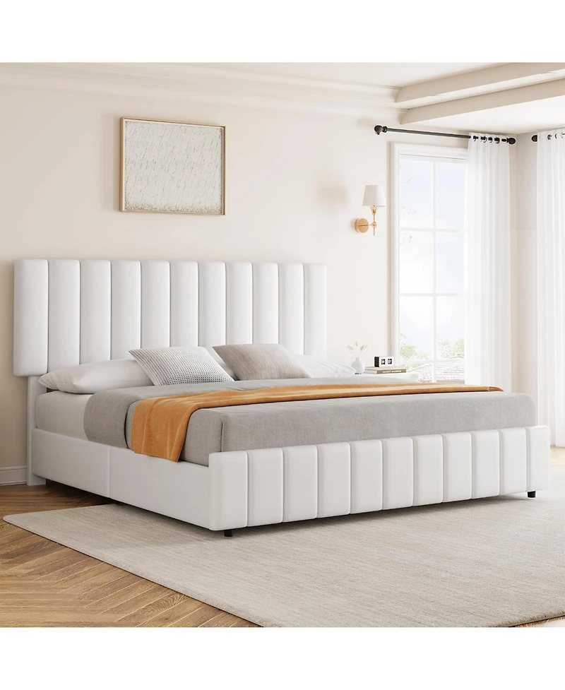 gaomon Linen Upholstered Platform Bed Frame with 4 Storage Drawers, Adjustable Headboard, Wooden Slats Support, No Box Spring Needed.