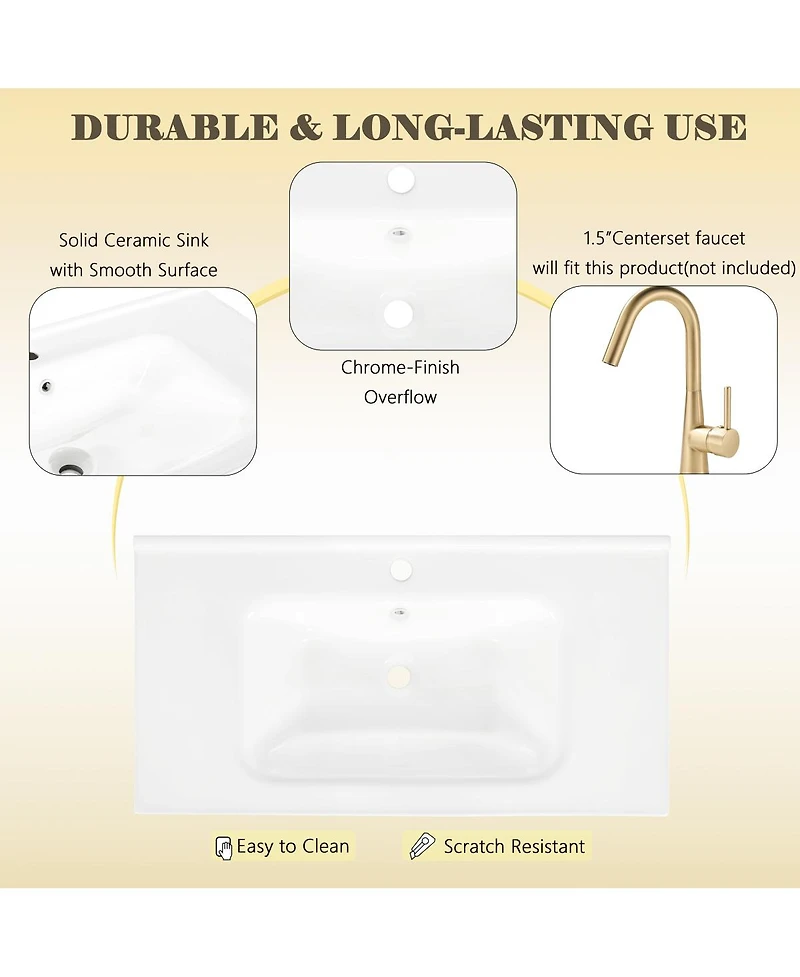 Sillysis 35.6" Rectangular Ceramic Bathroom Sink, Modern Vessel Basin with Overflow for Vanity Countertop