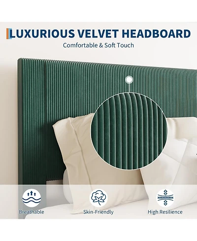 gaomon Full Upholstered Platform Bed Fabric Headboard Non-Slip Noise-Free Slats No Box Spring Easy Assembly