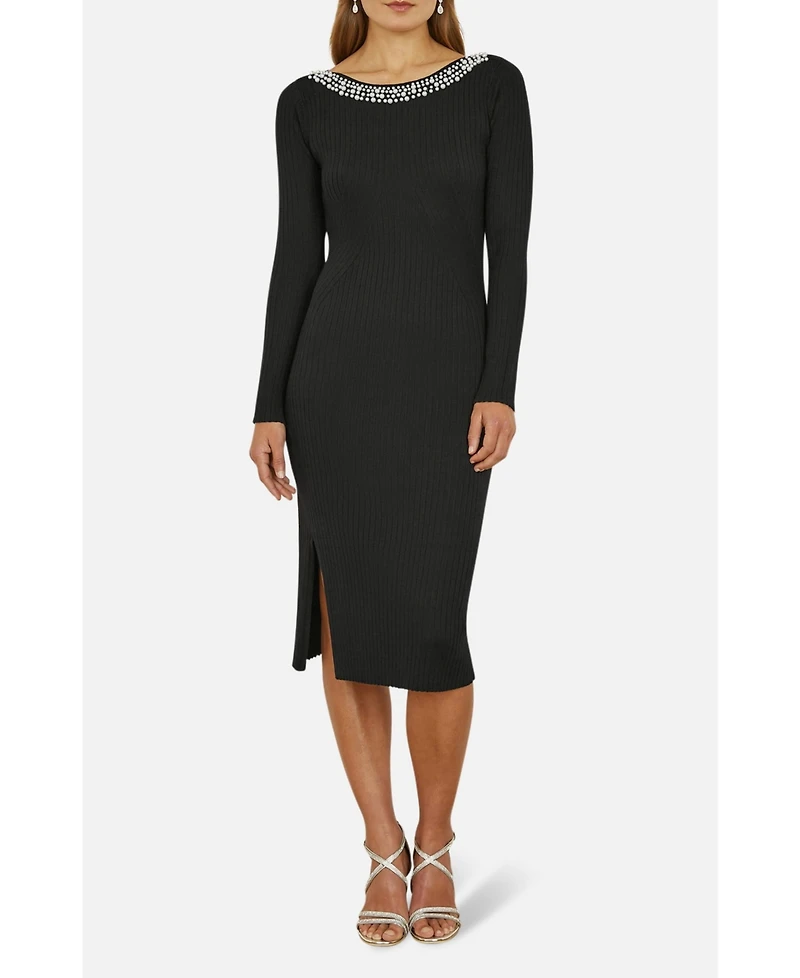 Yumi Women's Bedazzled Neck Fitted Midi Knitted Dress