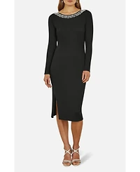 Yumi Women's Bedazzled Neck Fitted Midi Knitted Dress