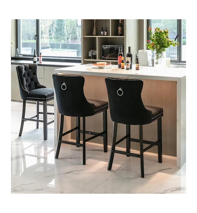Set of 2 Velvet Counter Height Stools, 26.3" Button Tufted Upholstered Kitchen Island Chairs with Back -The Pop Home