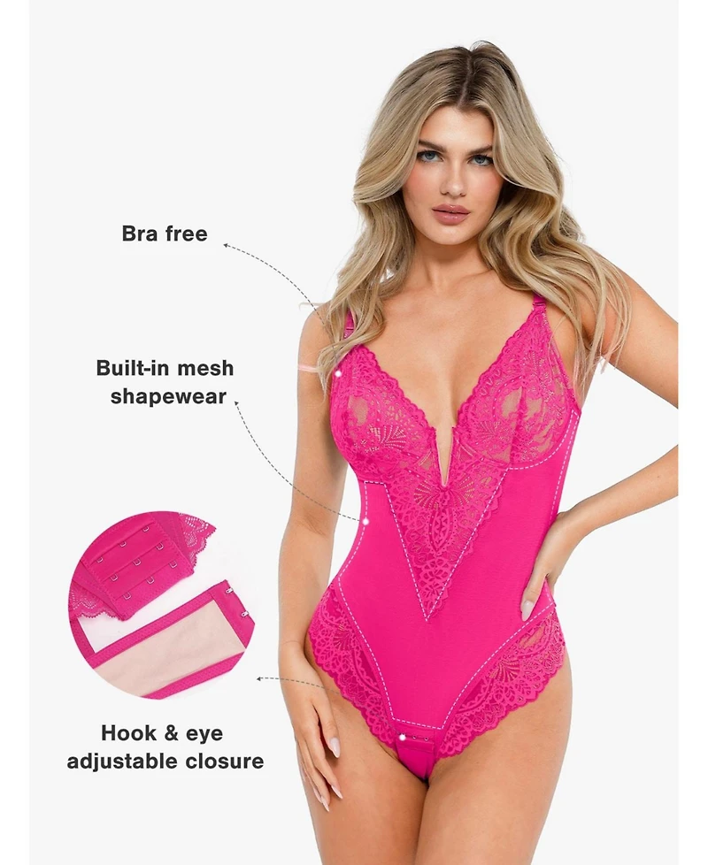 Popilush Women's Shapewear Lace Deep V-Neck Sculpting Thong Bodysuit