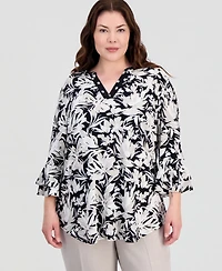 Kasper Plus Split-Neck Ruffled-Cuff Top