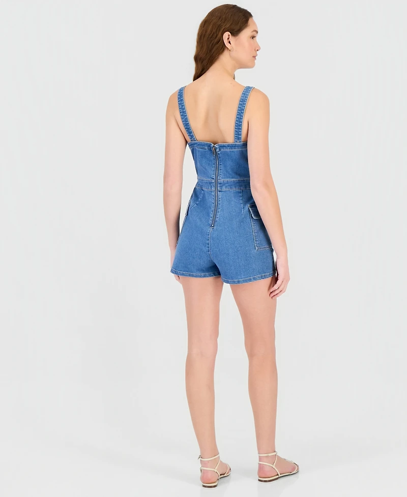 Tinseltown Juniors' Sleeveless Drawstring-Waist Denim Romper