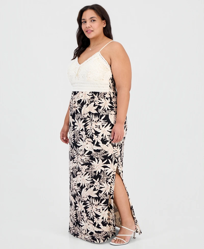 Planet Heart Trendy Plus Lace-Bodice Printed-Skirt Maxi Dress