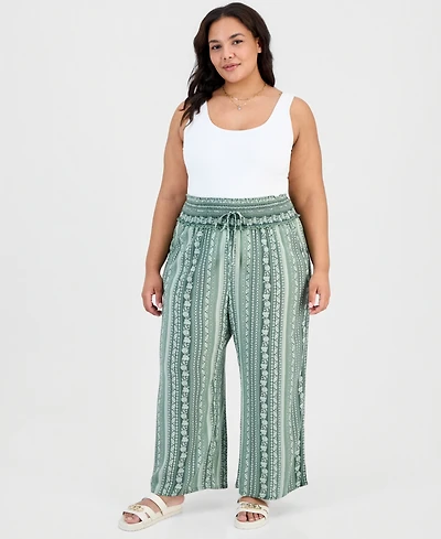 Kingston Grey Trendy Plus Printed Smocked-Waist Wide-Leg Pants