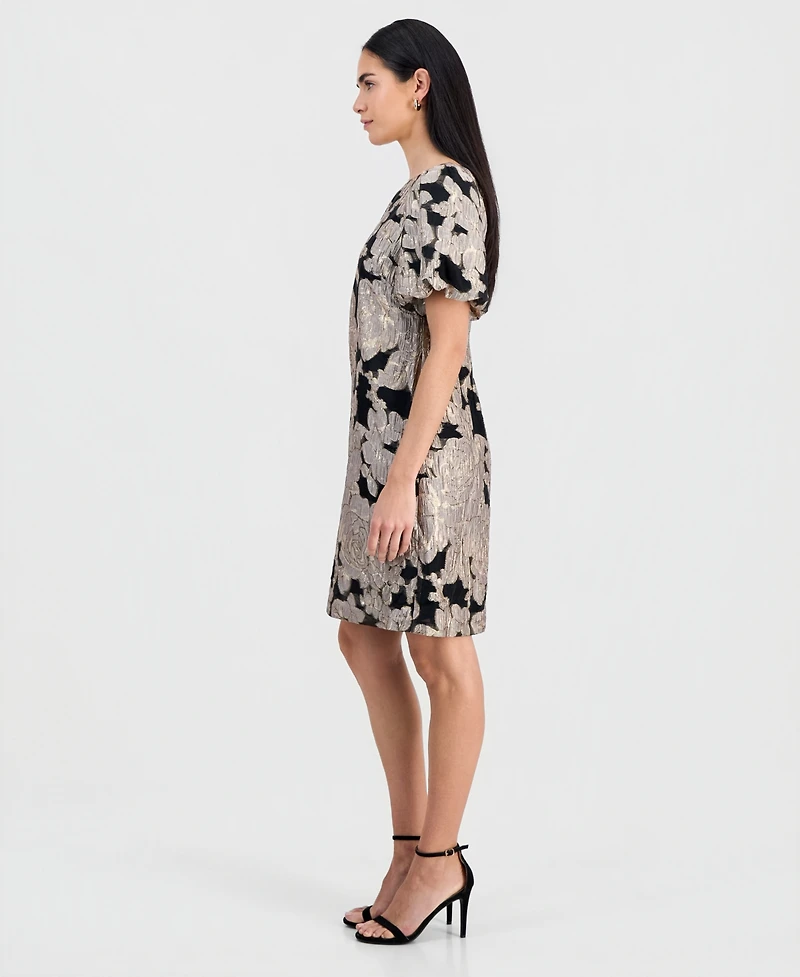 Connected Petite Jacquard Bubble-Sleeve Boat-Neck Dress