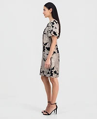 Connected Petite Jacquard Bubble-Sleeve Boat-Neck Dress
