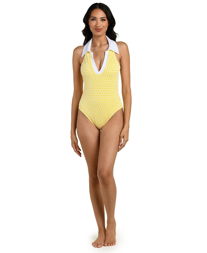 La Blanca Women's Prep & Paddle Collared V-Neck One-Piece Swimsuit