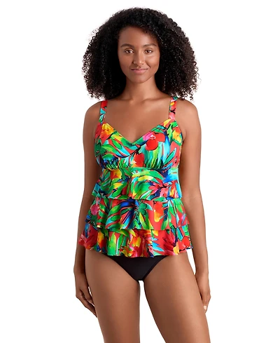 ShapeSolver Women's Printed Tiered V-Neck Tankini Top