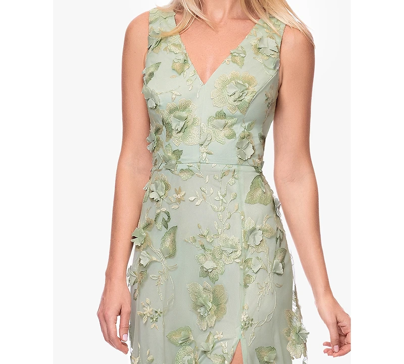 Xscape Women's V-Neck 3D Embroidered Gown