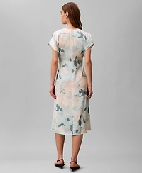Calvin Klein Women's Satin Print V-Neck Midi Dress
