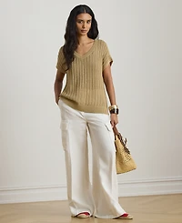 Lauren Ralph Petite V-Neck Open-Knit Sweater