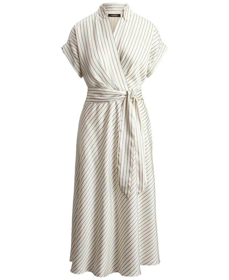 Lauren Ralph Petite Striped Belted Wrap Collared Midi Dress