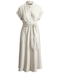 Lauren Ralph Petite Striped Belted Wrap Collared Midi Dress