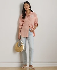 Lauren Ralph Petite Pink Eyelet-Logo Collared Shirt