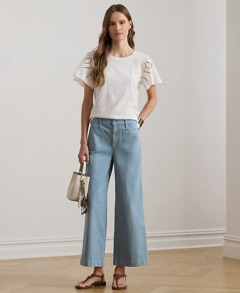 Lauren Ralph Petite Eyelet Flutter-Sleeve Crewneck Top