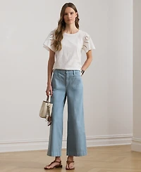 Lauren Ralph Petite Eyelet Flutter-Sleeve Crewneck Top