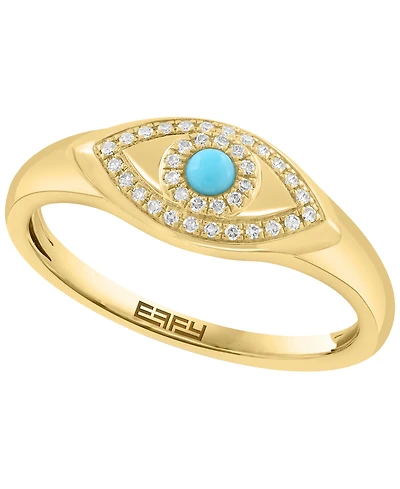Effy Collection Diamond (1/10 ct. t.w.) and Turquoise Ring in 14k Yellow Gold