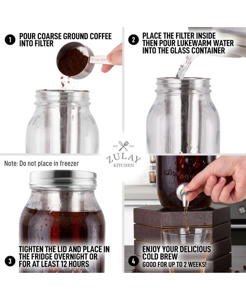 1.5 Liter Cold Brew Coffee Maker with Extra Thick Glass Carafe & Stainless Steel Mesh Filter