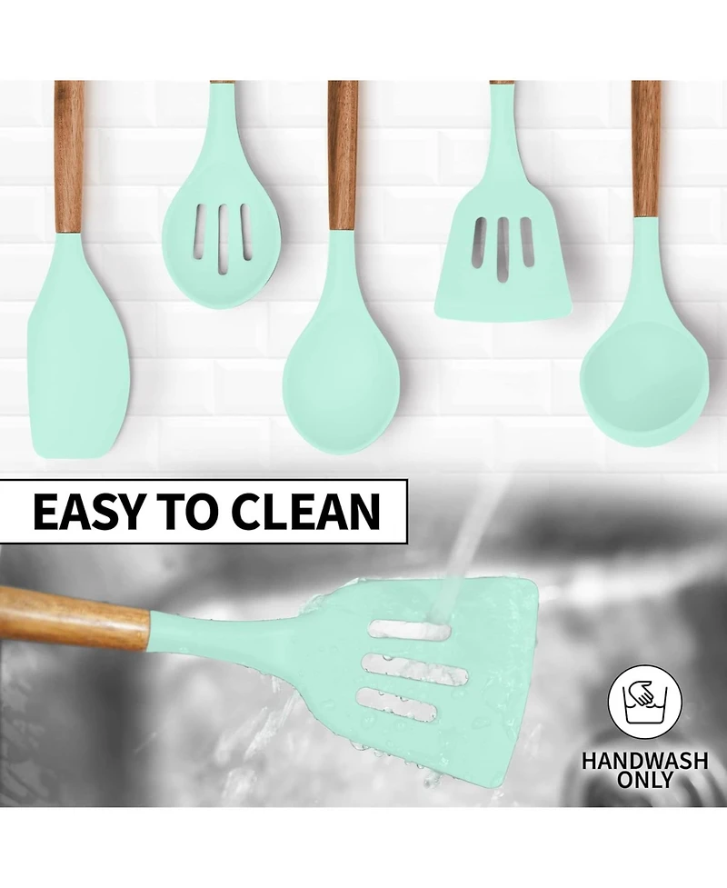 5 Piece Silicone Utensils Set with Authentic Acacia Wood Handles