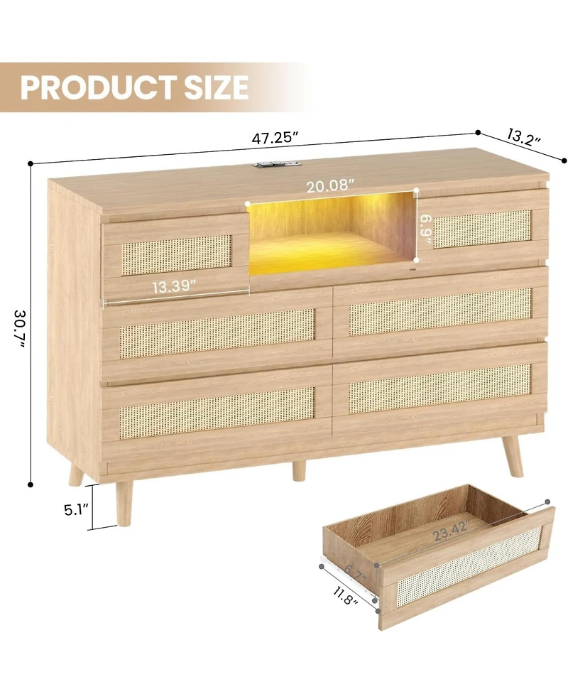 gaomon Rattan Wooden Dresser for Bedroom with 6 Drawers,47 Inch Wide Modern Dresser with Charging Station & Led Lights,Open Shelves Living Room