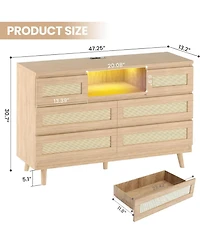 gaomon Rattan Wooden Dresser for Bedroom with 6 Drawers,47 Inch Wide Modern Dresser with Charging Station & Led Lights,Open Shelves Living Room