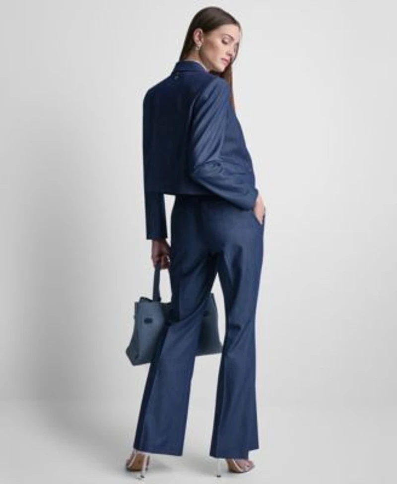 Dkny Petite Dressy Denim Notch Collar Cropped Jacket Straight Fit Denim Trousers