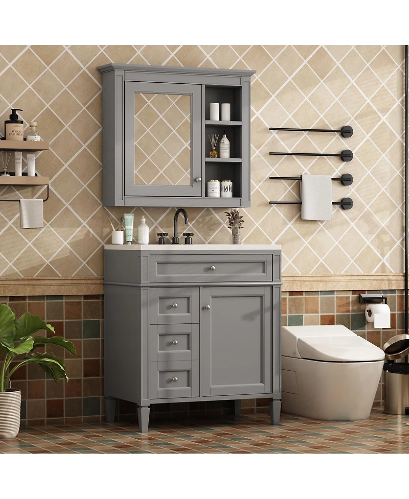 Sillysis 30'' Bathroom Vanity Set with Mirror Cabinet, Solid Wood & Mdf, Soft Close Drawers, Ample Storage for Modern Bathrooms