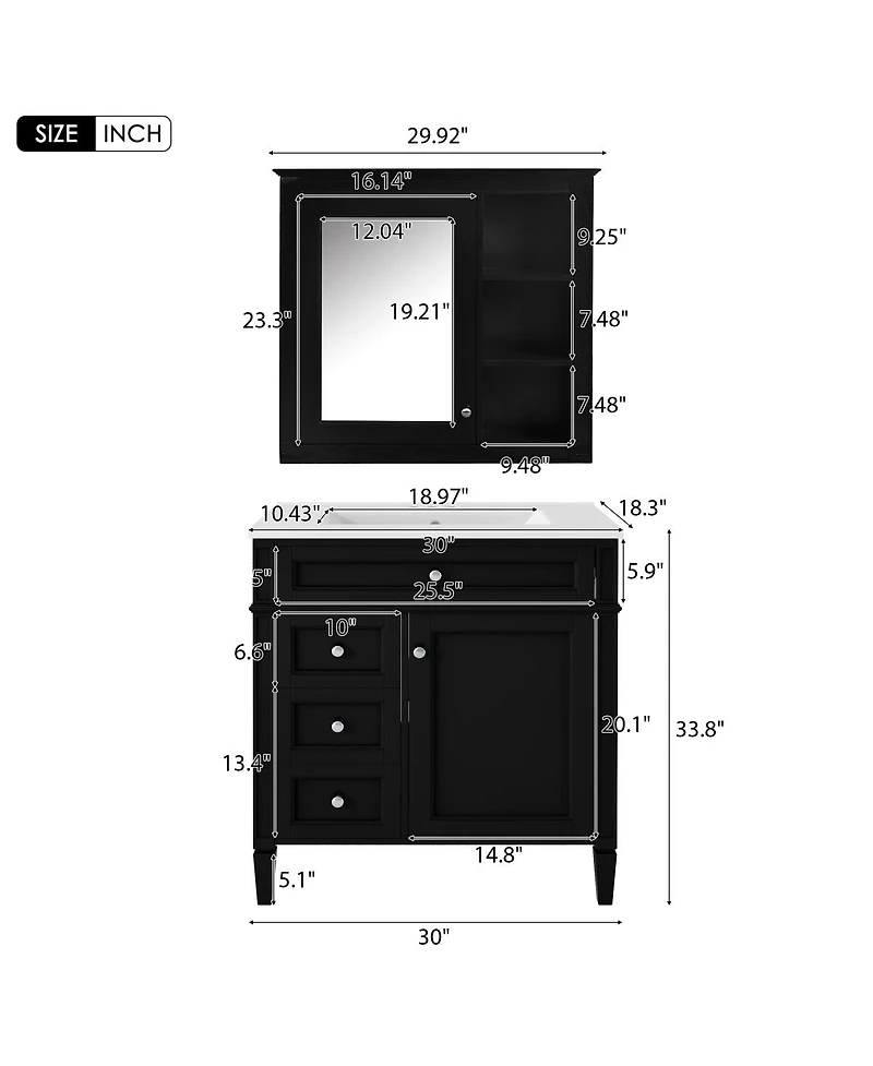 Sillysis 30'' Bathroom Vanity Set with Mirror Cabinet, Solid Wood & Mdf, Soft Close Drawers, Ample Storage for Modern Bathrooms