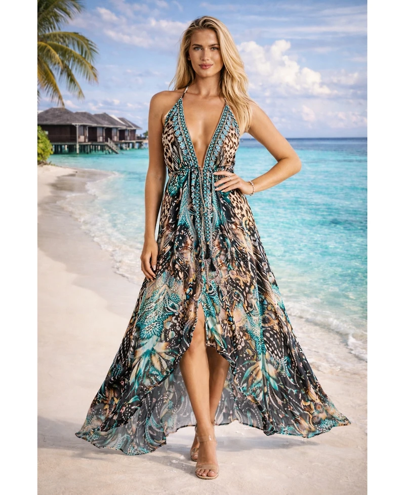 La Moda Clothing Women's Maxi Abstract Print Halterneck Dress