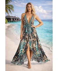 La Moda Clothing Women's Maxi Abstract Print Halterneck Dress