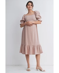 Hello Miz Maternity Smocked Empire Waist Puff Sleeve Midi Dress with Ruffle Hem